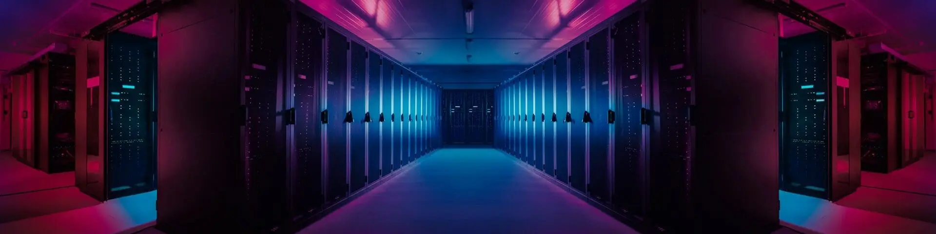 Wide-Angle Panorama Shot of a Working Data Center With Rows of Rack Servers. Red Emergency Led Lights Blinking and Computers are Working. Dark Ambient Light.