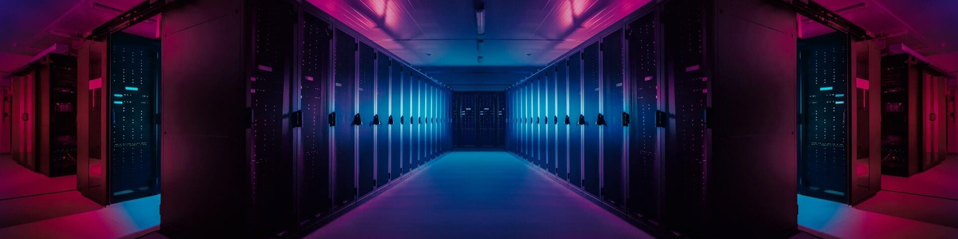 Wide-Angle Panorama Shot of a Working Data Center With Rows of Rack Servers. Red Emergency Led Lights Blinking and Computers are Working. Dark Ambient Light.