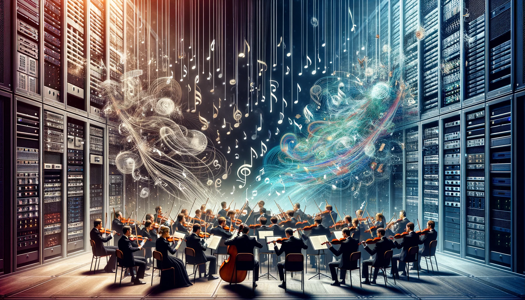 Orchestra performing with swirling musical notes and data servers.